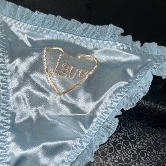Coquette Silky Satin Mesh Ruffled “LOVE” Stretchy Baby Blue G-String Thong Panty - Picture 11 of 14